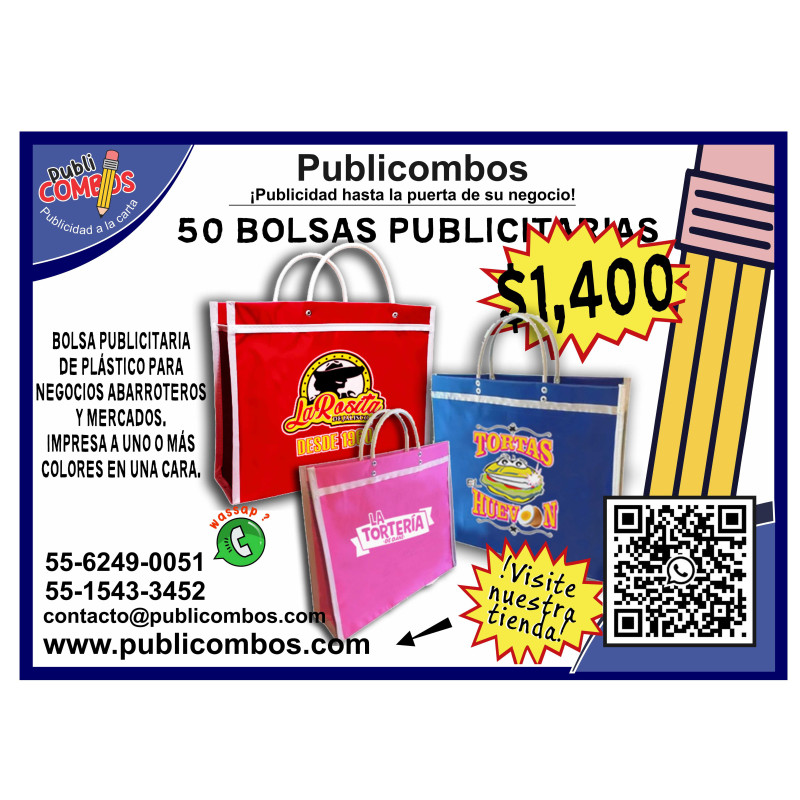 50 bolsas publicitarias de plástico para mercados y negocios en diferentes colores.