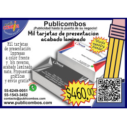 Mil tarjetas de presentación a color acabado laminado mate.