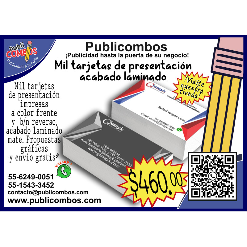 Mil tarjetas de presentación a color acabado laminado mate.