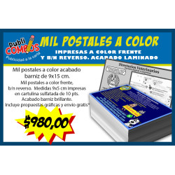 Mil postales a color frente, B/N reverso. Acabado laminado mate.