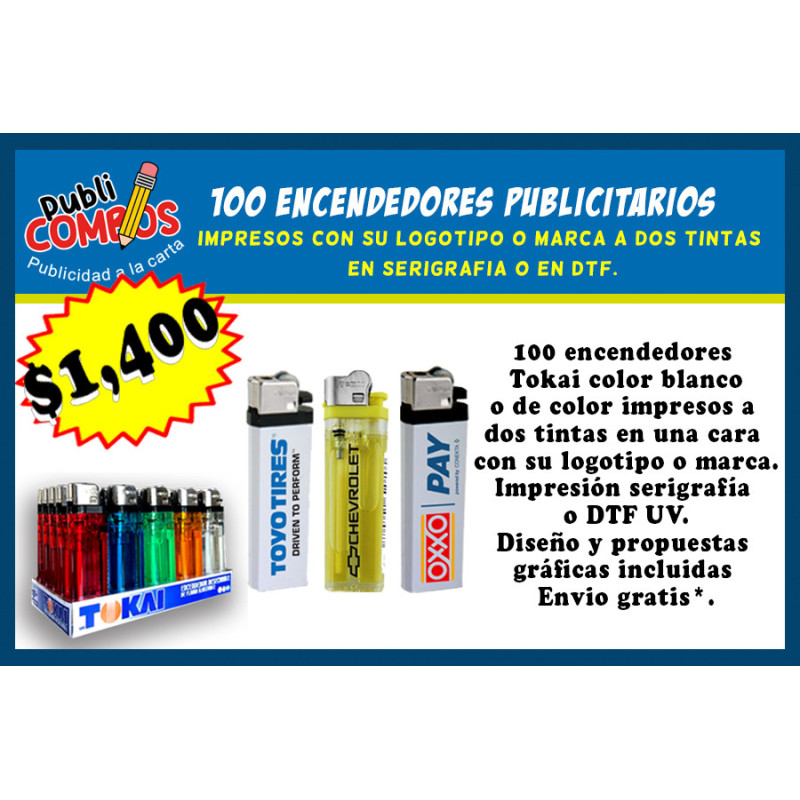 Encendedor Tokai blanco o de color impreso a dos tintas en una cara.