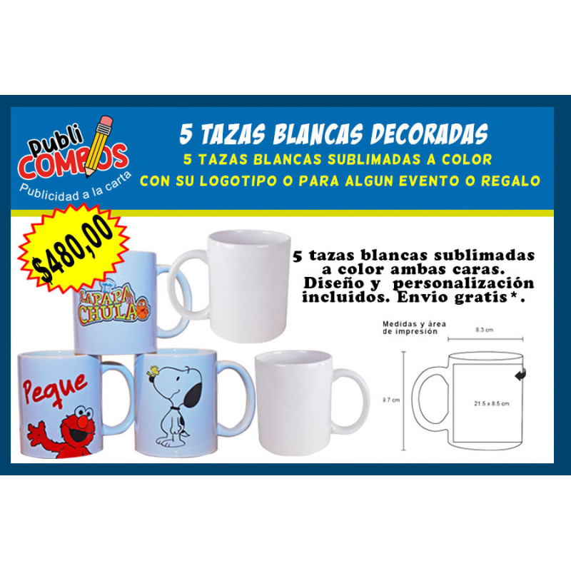 10 tazas blancas decoradas a color ambas caras.