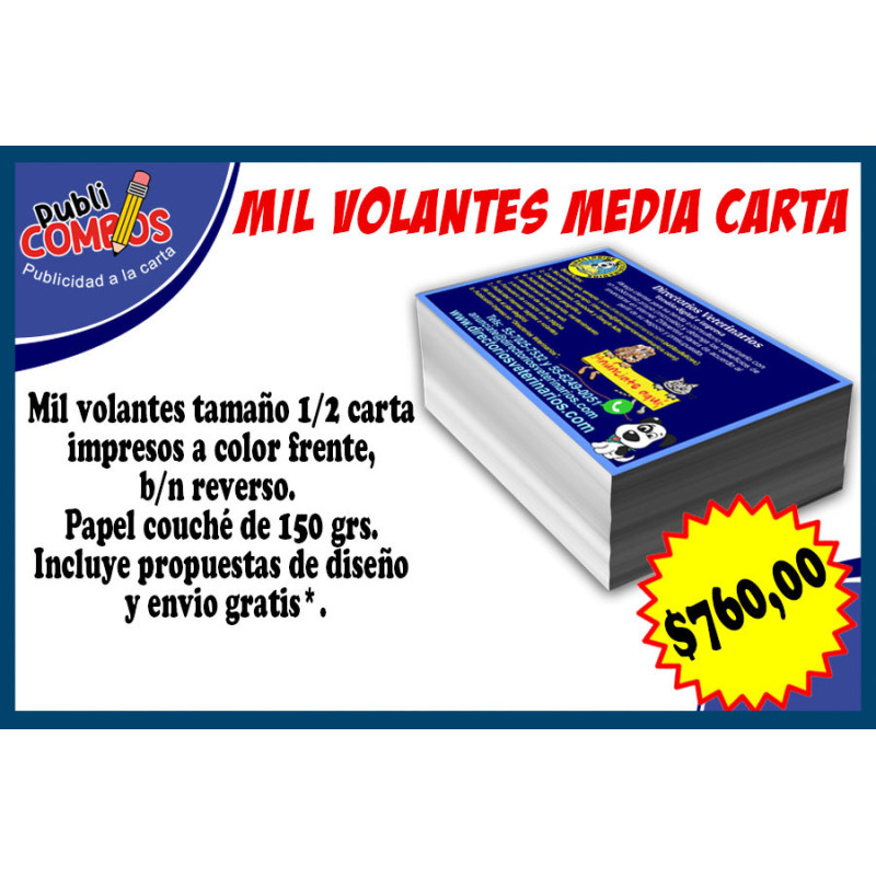 Volantes publicitarios a color tamaño 1/2 carta.