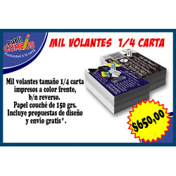 Mil volantes publicitarios tamaño un cuarto de carta a color frente y reverso B/N.