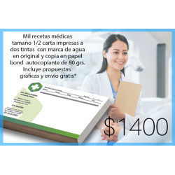 Recetas médicas tamaño 1/2 carta impresas a dos tintas en papel bond autocopiante de 80 grs.
