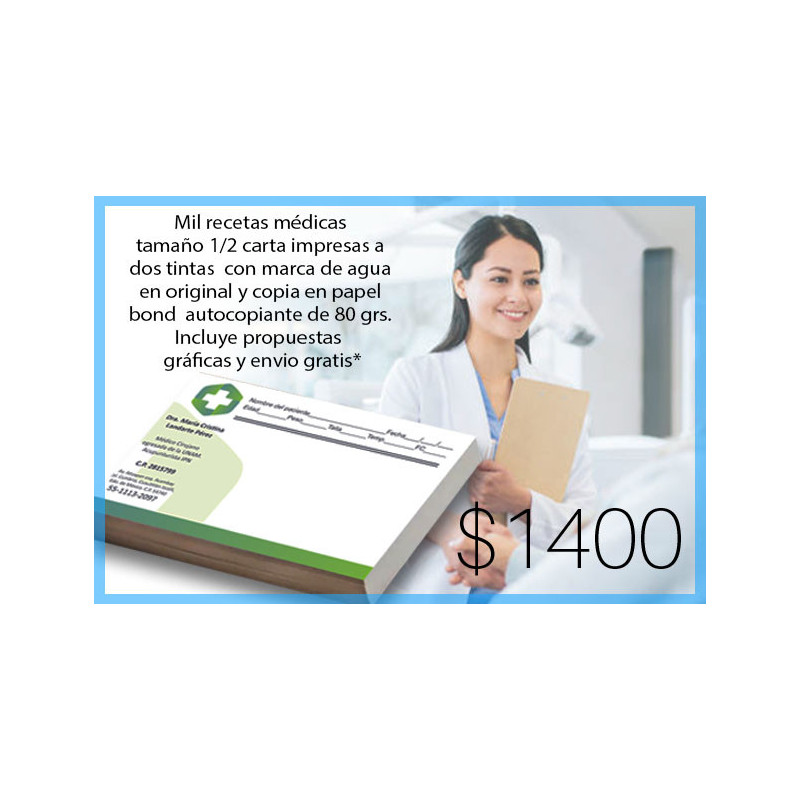 Recetas médicas tamaño 1/2 carta impresas a dos tintas en papel bond autocopiante de 80 grs.
