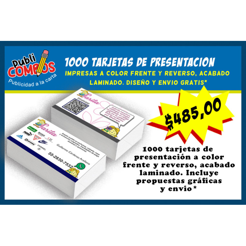 Mil tarjetas de presentación a color frente y vuelta acabado laminado.