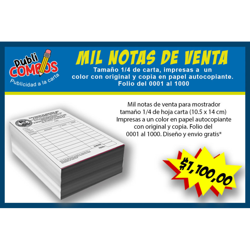 Mil notas de venta para mostrador tamaño cuarto de carta.
