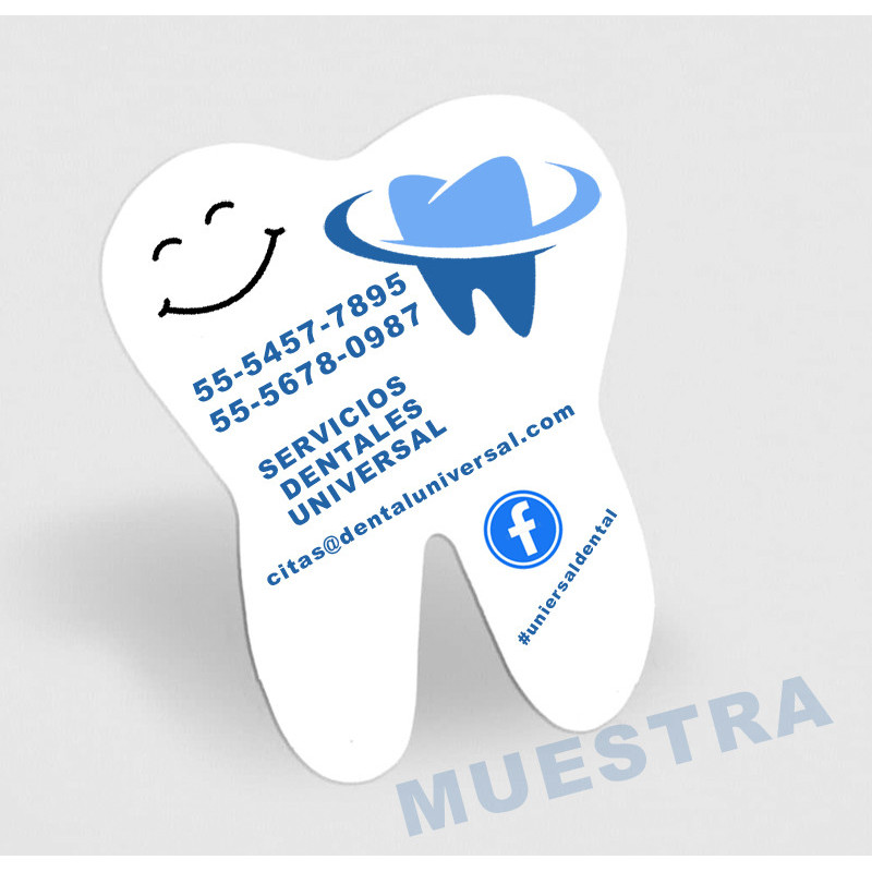 Imánes publicitarios en forma de muela impresos a dos tintas en serigrafía.