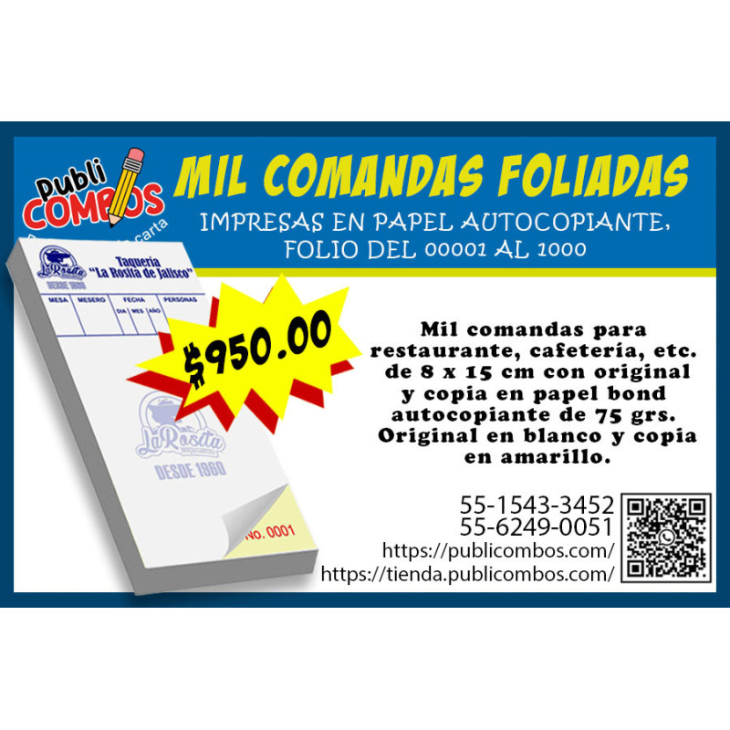 Mil comandas para restaurante, cafetería, etc. con una copia. Folio del 0001 al 1000