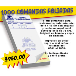 Mil comandas para restaurante, cafetería, etc. con una copia. Folio del 0001 al 1000