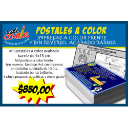 Postales impresas a color frente y b/n reverso en cartulina sulfatada de 10 pts. Acabado barniz.