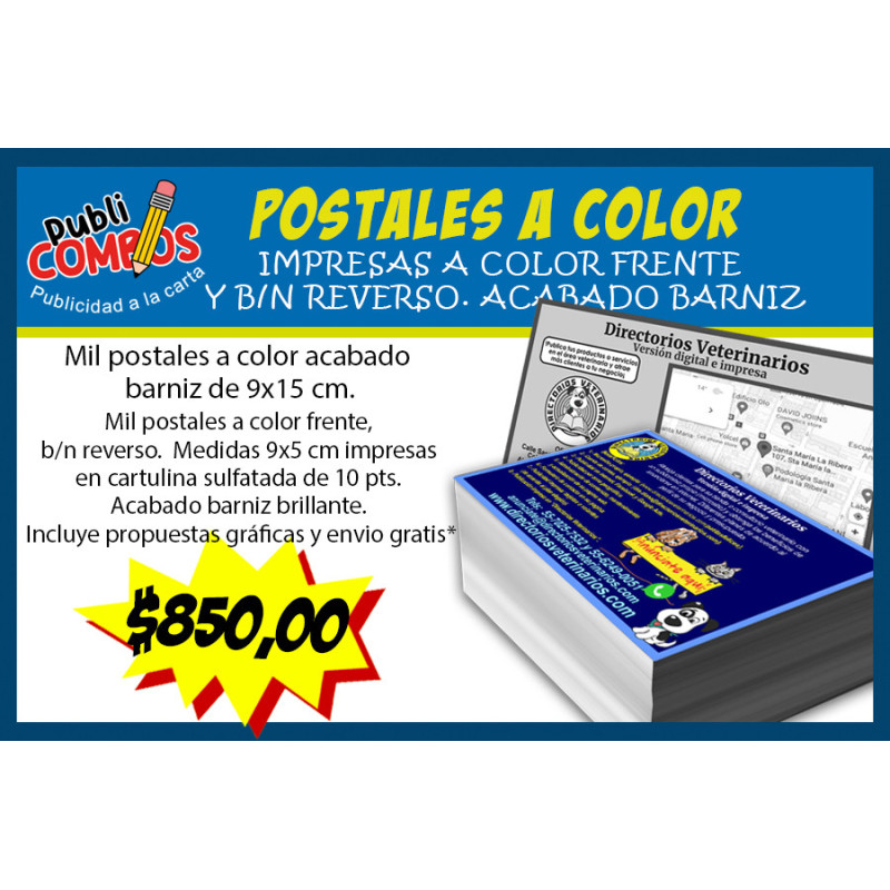 Postales impresas a color frente y b/n reverso en cartulina sulfatada de 10 pts. Acabado barniz.