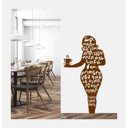 Vinil decorativo cafetería  con la frase   "La mujer es como una taza de café, la primera vez que se toma no deja dormir".
