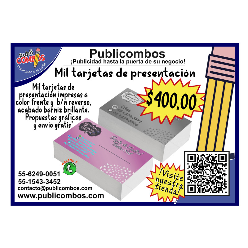 Mil tarjetas de presentación impresas a color frente y b/n reveso.
